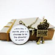 Life motivational quote cute movie camera glass necklace long necklace