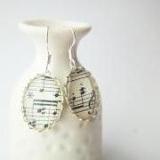Silver Lace Oval Glass Earrings Vintage Melody Music Sheet Notes