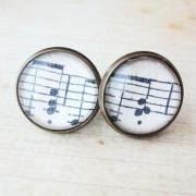 Melody Music Notes Sheet Cleft Glass Antique Brass Stud Post Earrings