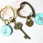 Personalized Initial Letters Key Lock Glass Valentine Couple Keychains