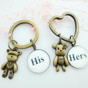 Couple Bears Keychains His Hers Glass Black White Handmade Gifts