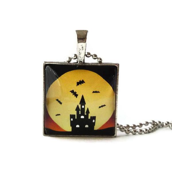 Castle Silhouette Bats Yellow Moon Light Halloween 1 Inch Glass Pendant Necklace