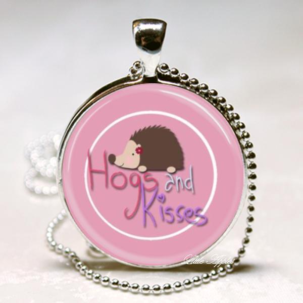 Hugs And Kisses Brown Hedgehog Pink Glass Round Necklace Keychain