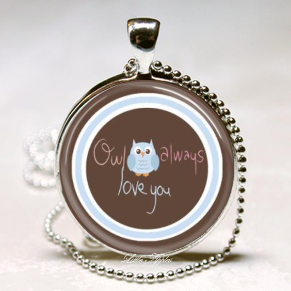Adorable Blue Owl Always Love You Thick Glass Dome Necklace Keychain