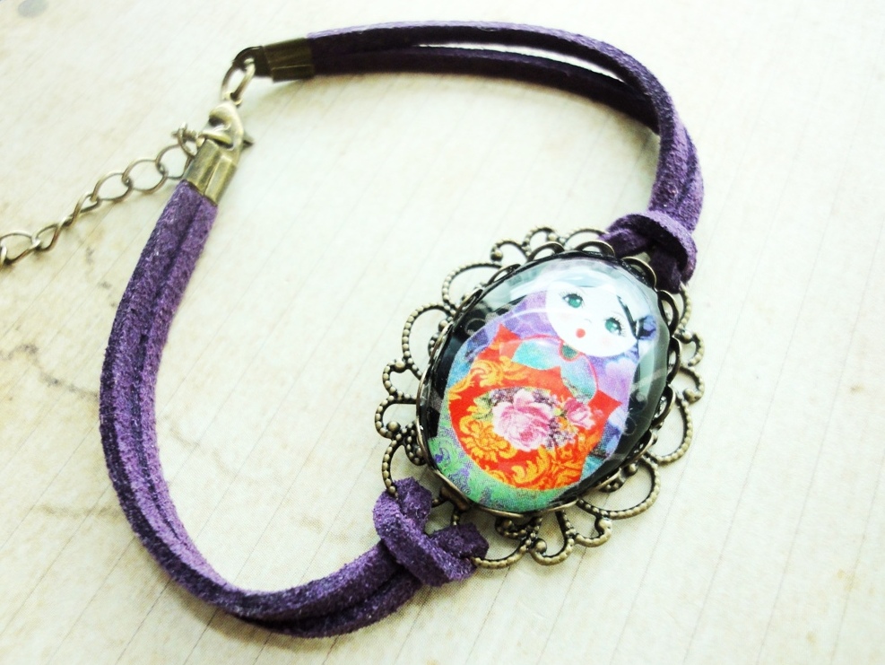 Matryoshka Russian Doll Oval Glass Purple Black Leather Suede Antique Bracelet