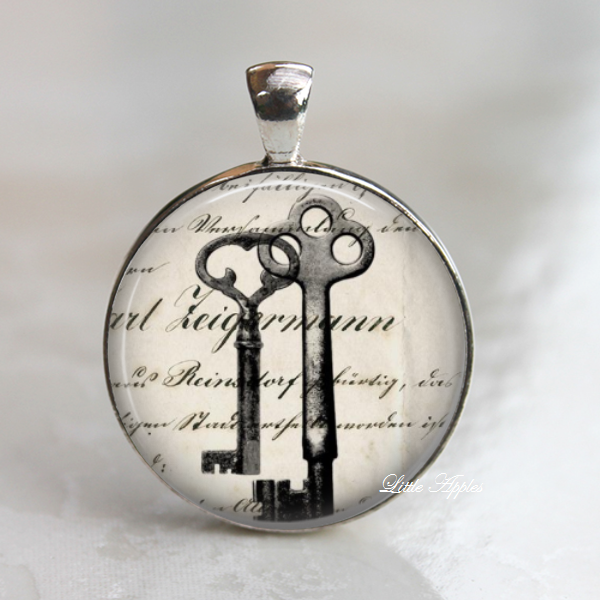 Keys Ephemera Sketch Drawing Vintage Glass Necklace Or Keychain